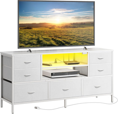 Elegant Bedroom Dresser with Power Outlets and LED Lighting, 7-Drawer TV Stand for Up to 55-Inch TVs, 47-Inch Console with Open Shelf, Wide White PU Leather Finish