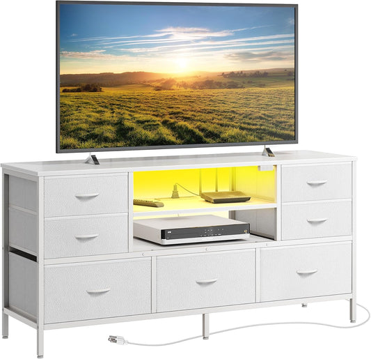 Elegant Bedroom Dresser with Power Outlets and LED Lighting, 7-Drawer TV Stand for Up to 55-Inch TVs, 47-Inch Console with Open Shelf, Wide White PU Leather Finish