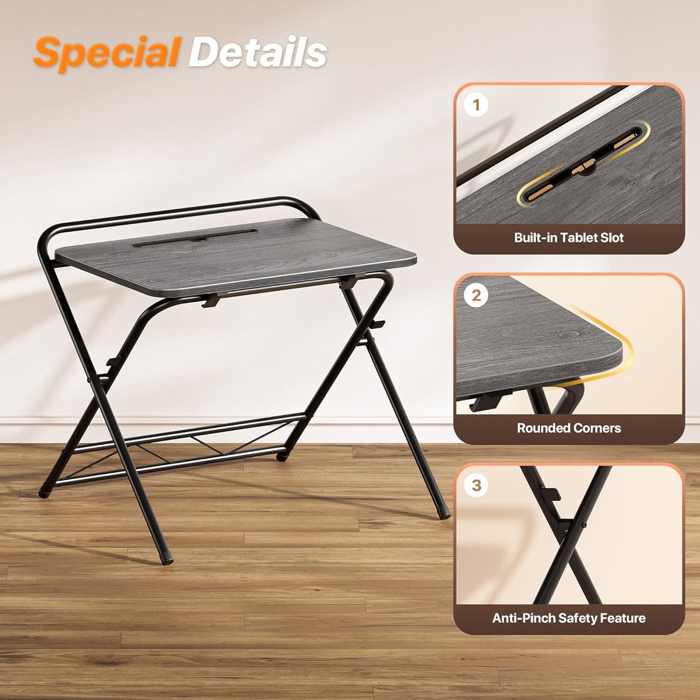 Folding Desk with Adjustable Height and Tablet Slot, 24-Inch Compact Computer Desk for Small Spaces, Space-Saving Writing Table for Home Office, Bedroom, and Study, Grey