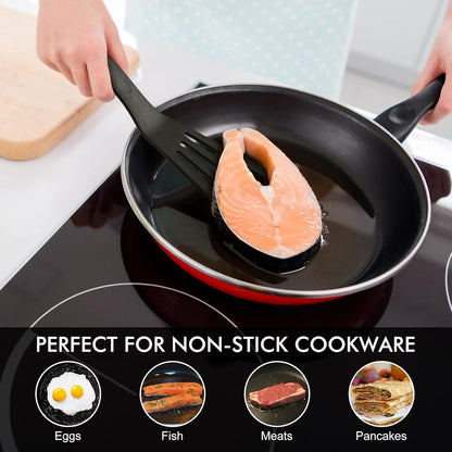Heat Resistant Silicone Slotted Fish Turner Spatula Set, Flipper Cooking Spatulas, for Non Stick Cookware Dishwasher Safe, Black