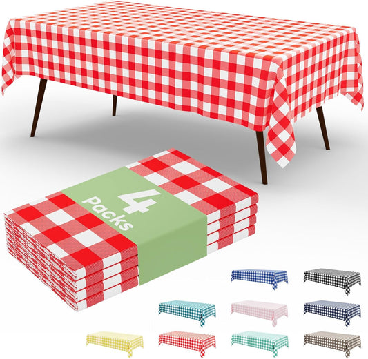 4 Packs Buffalo Disposable Table Cloth, 54 X 108 Inch Waterproof Plastic Tablecloth, Rectangle Red and White Checkered Table Covers for Picnic, Birthday, Party