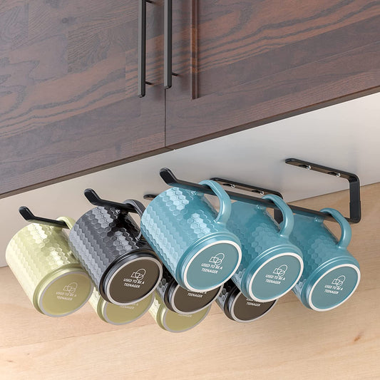 Coffee Mug Holder under Cabinet 3 Pack, Metal Sturdy Mug Rack under Shelf Organizer, Display Hanging Cup Storage Hooks for Bar Kitchen Utensils/Wine Glasses/Tea Cup, Black