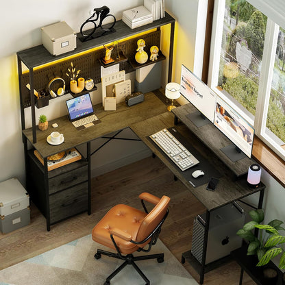 L Shaped Gaming Desk with Pegboard, Reversible Computer Desk with Drawers & Storage Shelves, LED Lights & Power Outlets, Office Desk with Monitor Stand Corner Desk Home Office Desks