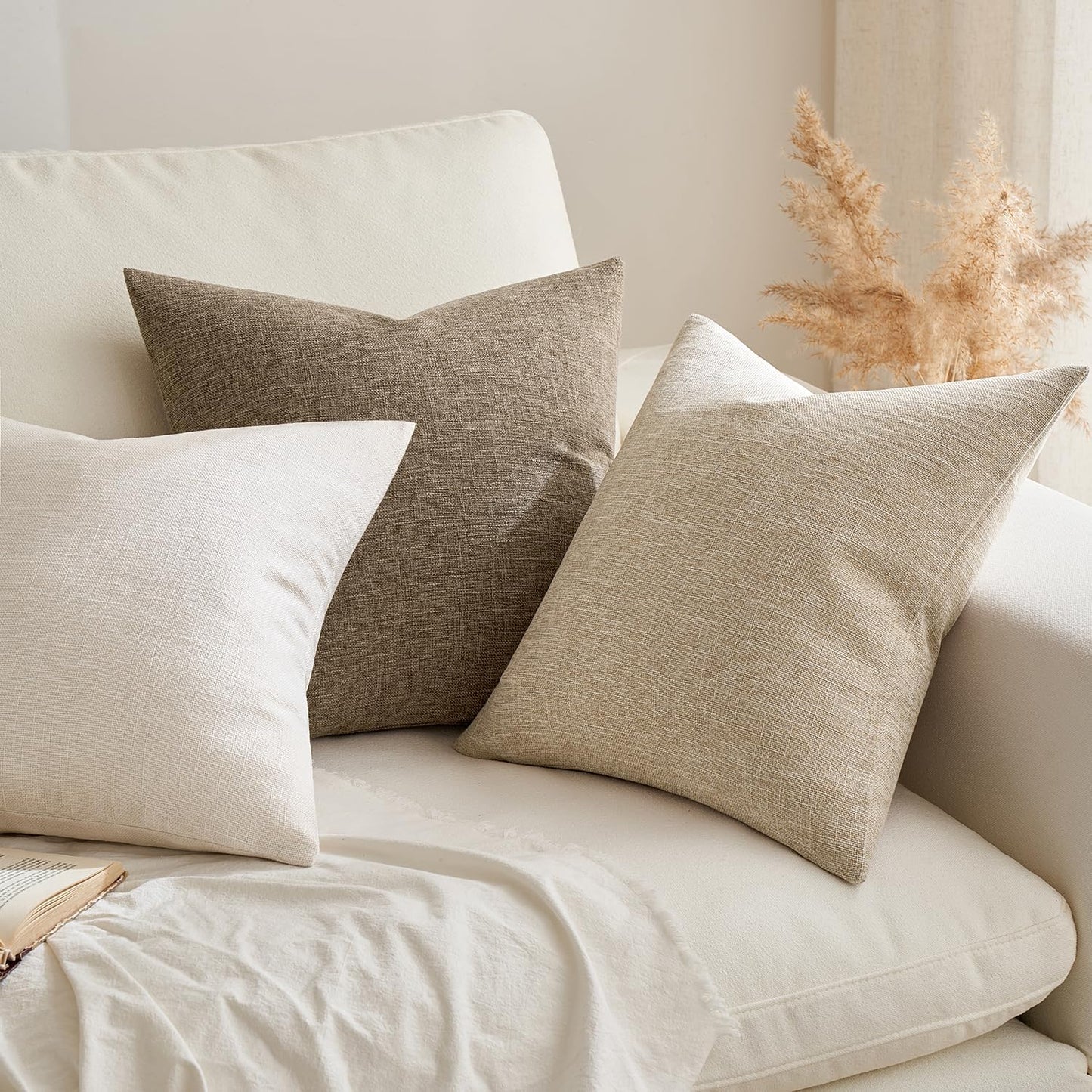 Pack of 2 Decorative Farmhouse Linen Pillow Covers Rustic Boho Accent Outdoor Couch Throw Pillow Covers for Cushion Bed Sofa Living Room Home Decor 18X18 Inch Ivory