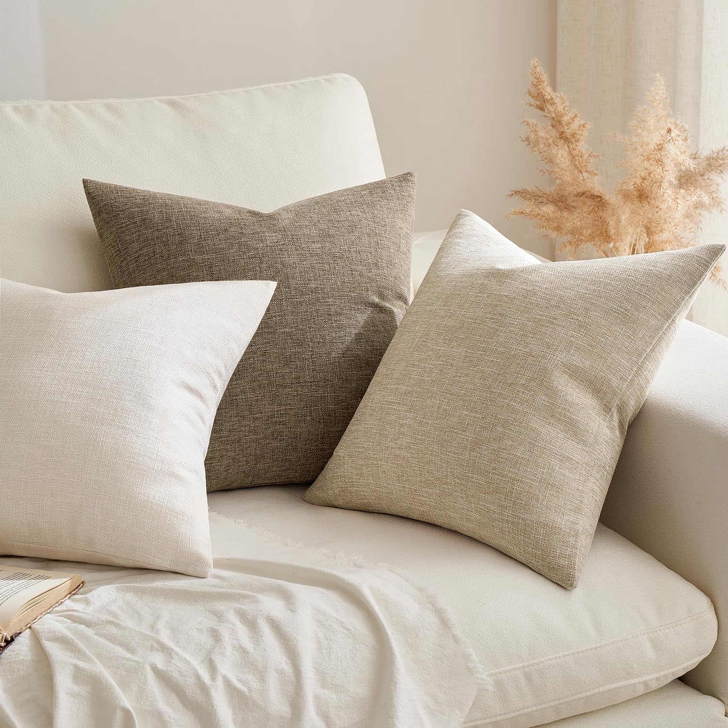 Pack of 2 Decorative Farmhouse Linen Pillow Covers Rustic Boho Accent Outdoor Couch Throw Pillow Covers for Cushion Bed Sofa Living Room Home Decor 18X18 Inch Ivory