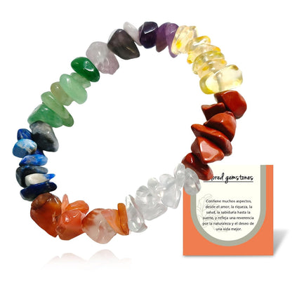 Handmade Natural Gemstone Bracelets Chakra Crystal Irregular Chips Beads Stretch Bracelets for Women Align Chakras/Conquer Fear/Increase Communication Reiki (Rainbow Stone)