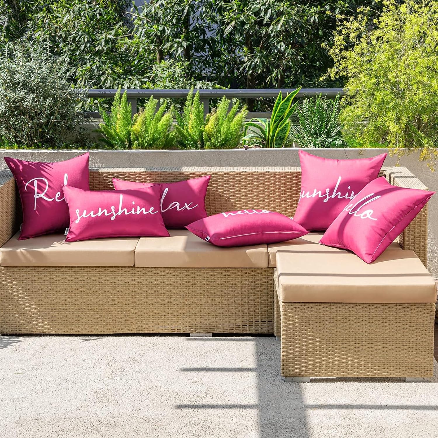 Outdoor Waterproof Throw Pillow Covers Set of 2 Hello Sunshine Decorative Outdoor Square Pillowcases for Chair Patio Garden Couch Tent Balcony Sofa Hot Pink 20X20 Inch