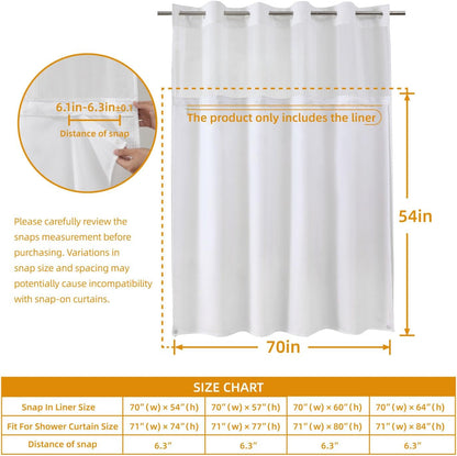 1 Pack Fabric Snap-In Shower Curtain Liner Replacement,Compatible with No Hook Shower Curtain with Snap in Liner, Removable & Water-Repellent,Machine Washable,70X54,White
