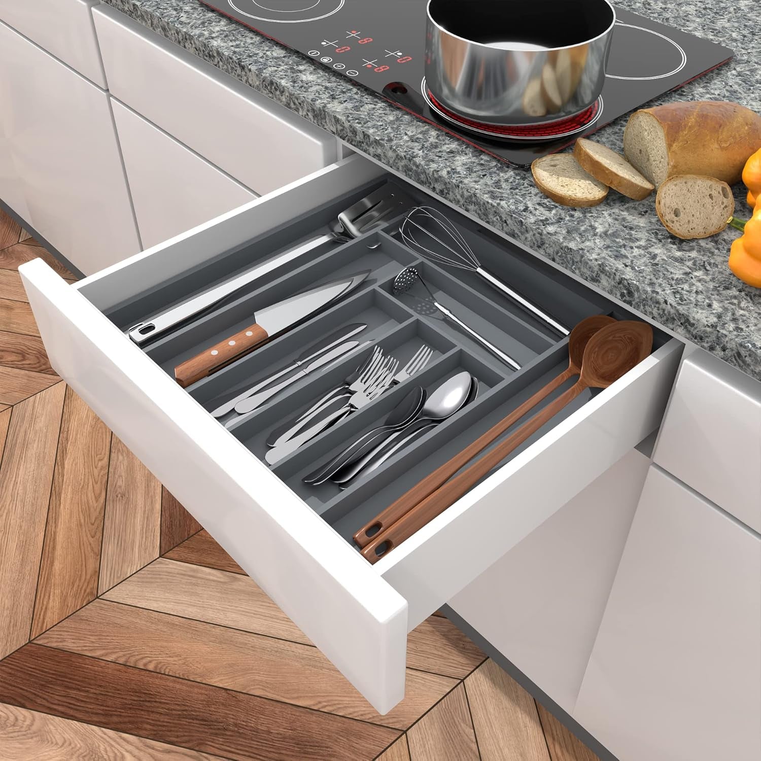 Expandable Bamboo Utensil Drawer Organizer, Silverware Organizer for Cutlery, Utensils, Flatware Holder (6-8 Slots, Grey) Pack of 1