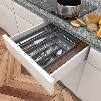Expandable Bamboo Utensil Drawer Organizer, Silverware Organizer for Cutlery, Utensils, Flatware Holder (6-8 Slots, Grey) Pack of 1