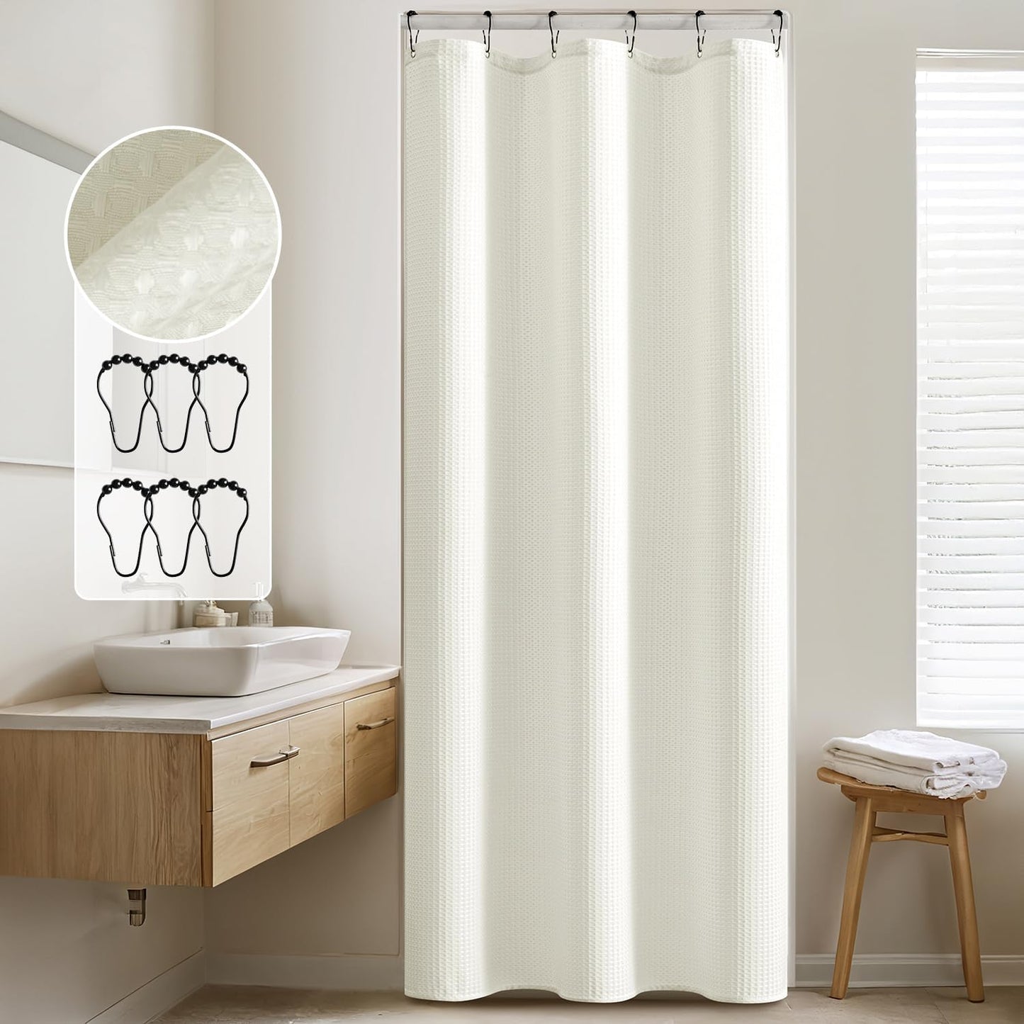 Stall Waffle Weave Fabric Stand up Shower Bath Curtain with 6 Metal Hooks 260GSM Small Heavy Washable Waterproof Narrow Thick Cloth Half Shower Curtains Set for Bathroom Hotel,W36*L72,Ivory