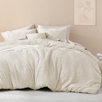 King Size Comforter Set Beige, 3 Pieces Cream Tufted Boho Farmhouse Bedding Comforter Sets, Lightweight Fluffy Comforter Bed Set for All Season (104X90In Comforter and 2 Pillowcases)