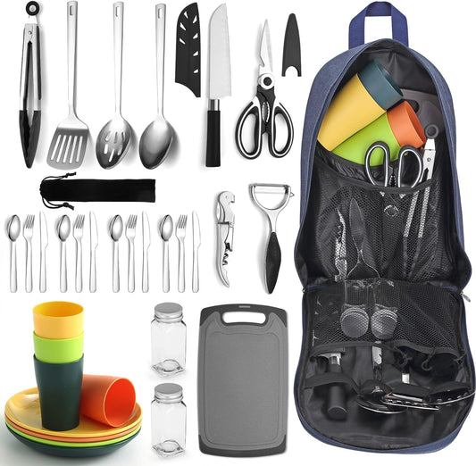 Camping Essentials: Comprehensive Cooking Utensils Set with Silverware, Plates, and Cups for Outdoor Activities, Picnics, and BBQs