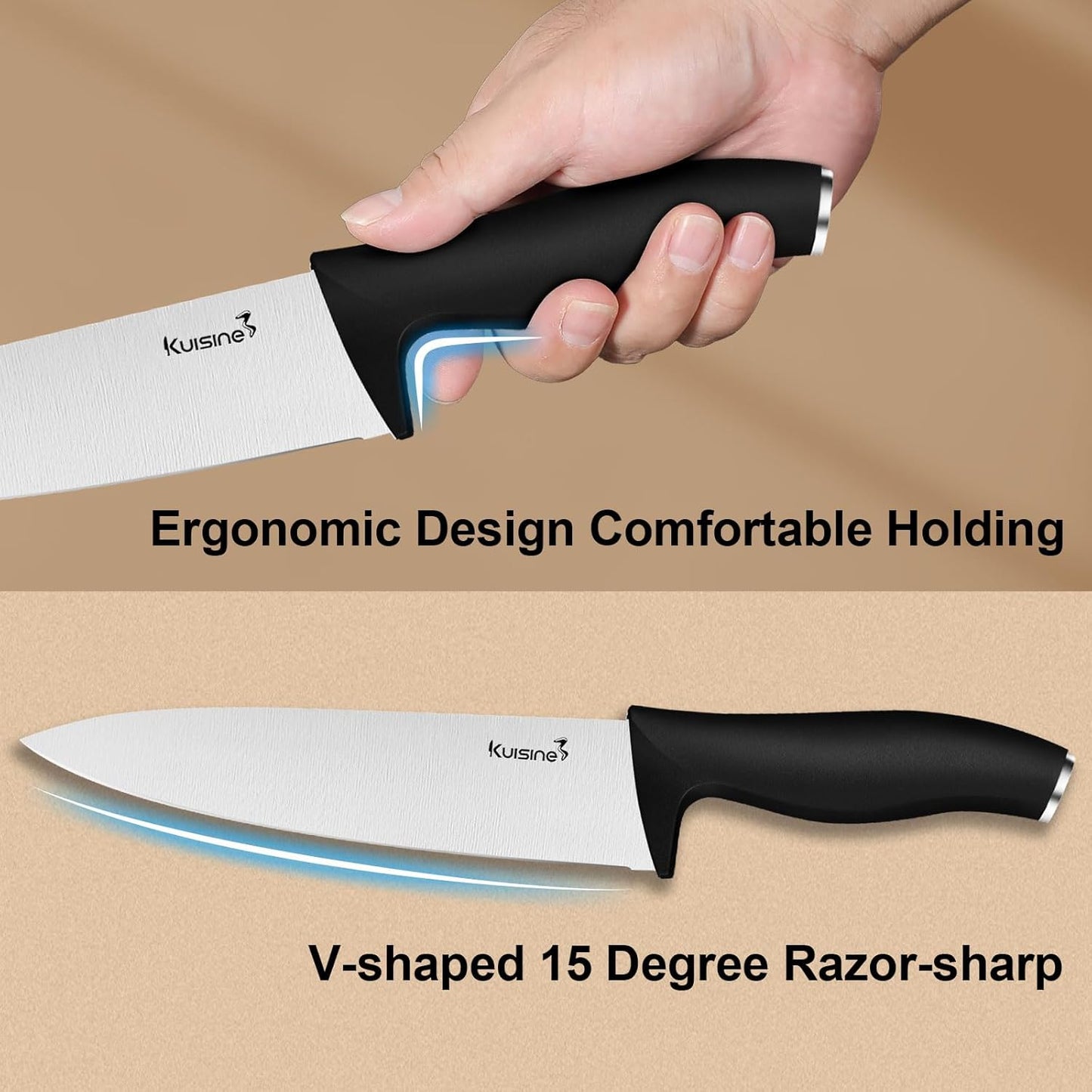 Chef Knife Set,High Carbon Stainless Steel Ultra Sharp Blade Ergonomic Handle,Kitchen Knife Block Set with Built-In Sharpener, Elegant Gift for Holiday(Acacia,15Pcs)