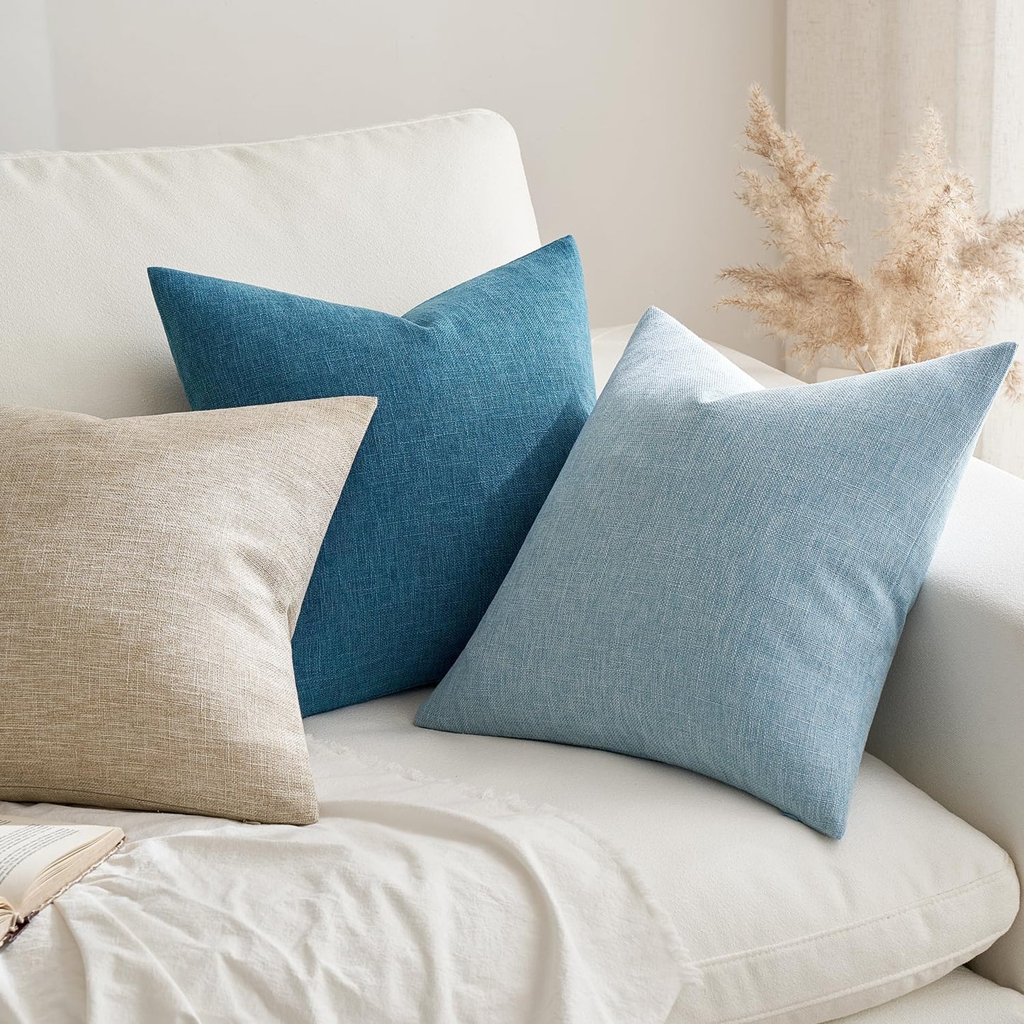 Pack of 2 Decorative Farmhouse Linen Pillow Covers Rustic Boho Accent Outdoor Couch Throw Pillow Covers for Cushion Bed Sofa Living Room Home Decor 18X18 Inch Blue