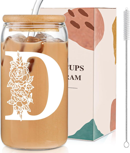 Gifts for Holidays,Birthday Gifts for Women,Personalized Initial Glass Cup as Iced Coffee Cups,Aesthetic Smoothie Cup Cute Beer Tumbler,16 Oz Glass Cups with Lids and Straws-D(1Psc)