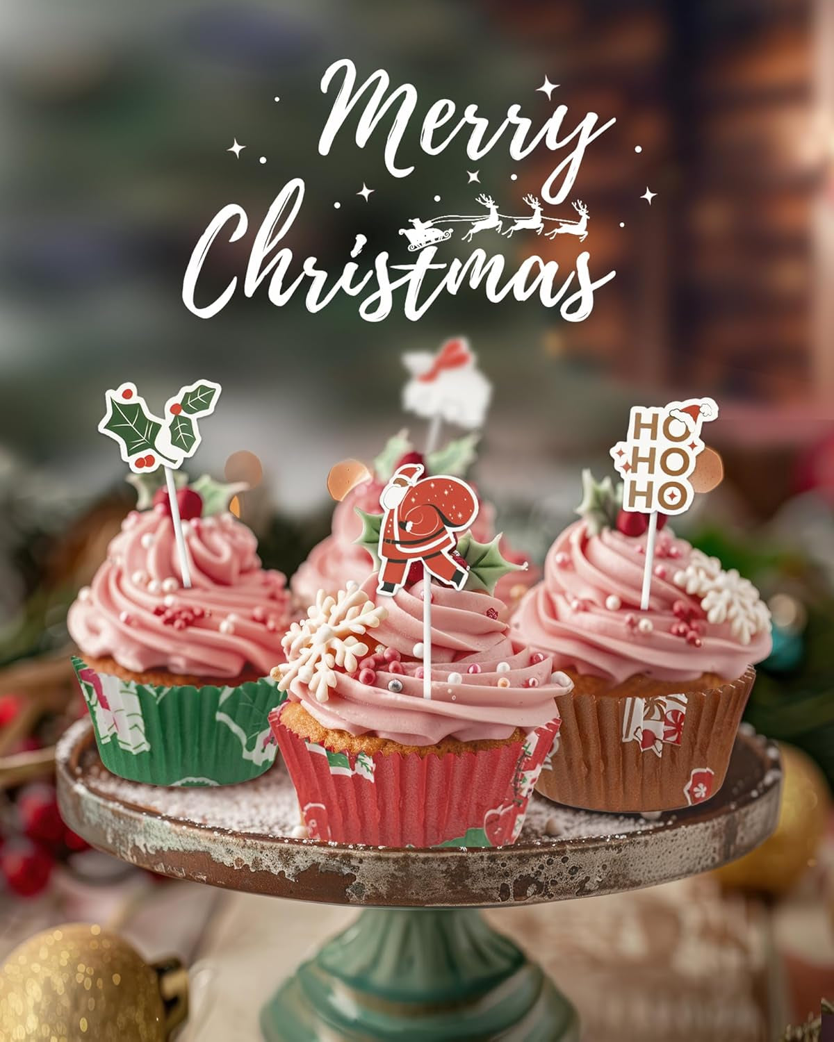 Christmas Mini Cupcake Liners with 12 Pcs Cupcake Toppers, 400 Pcs Muffin Liners, Cupcake Wrappers, Mini Cupcake Liners for Xmas Party, Christmas Holiday