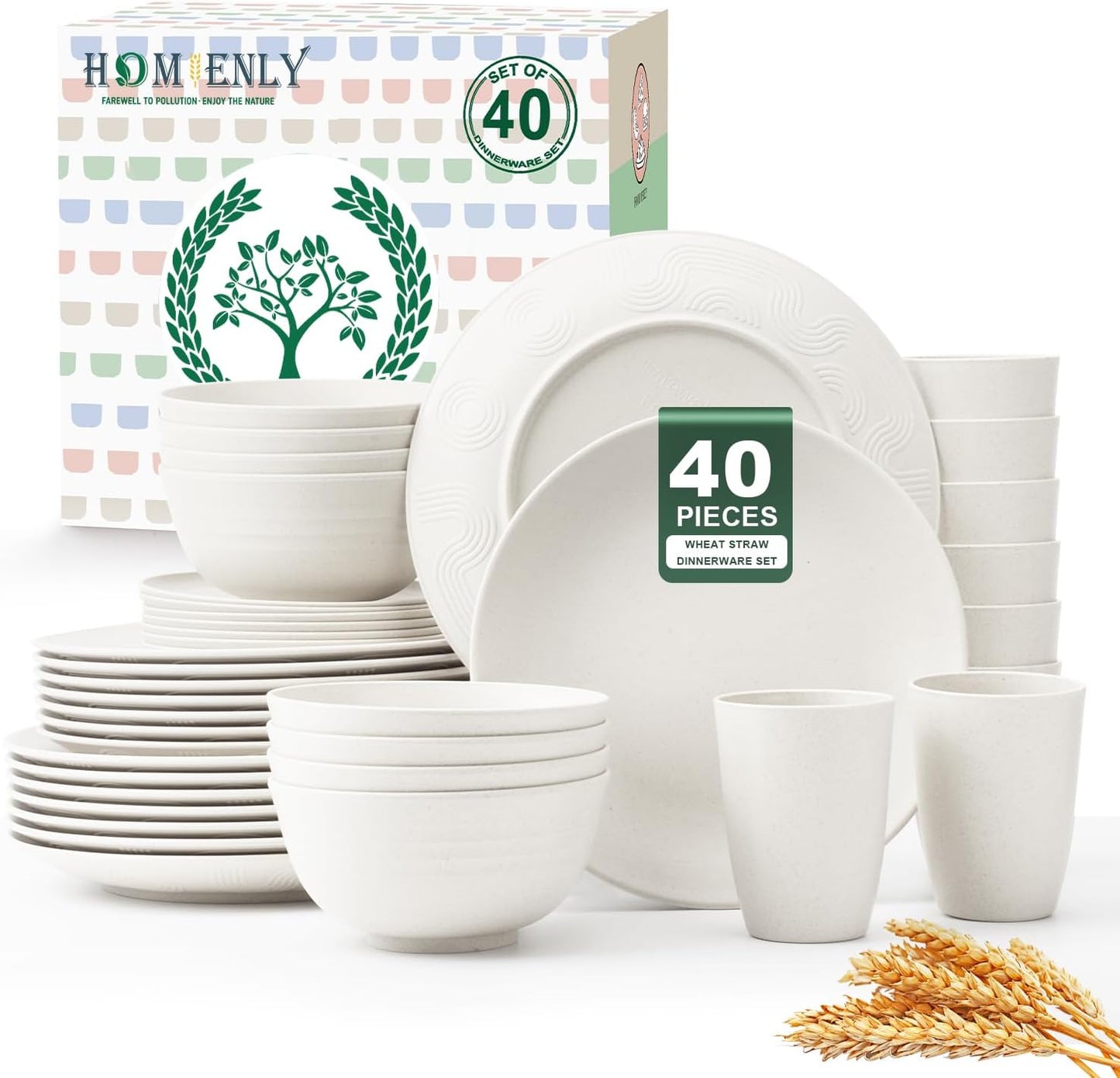 40-Piece Wheat Straw Dinnerware Set for 8 - Lightweight, Unbreakable Plates and Bowls, Microwave and Dishwasher Safe (White)