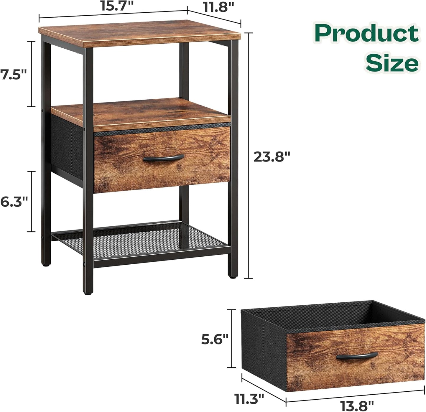 Set of 2 Nightstands with Fabric Drawers and Open Shelves, Rustic Brown Metal Frame Side Tables for Bedroom Storage