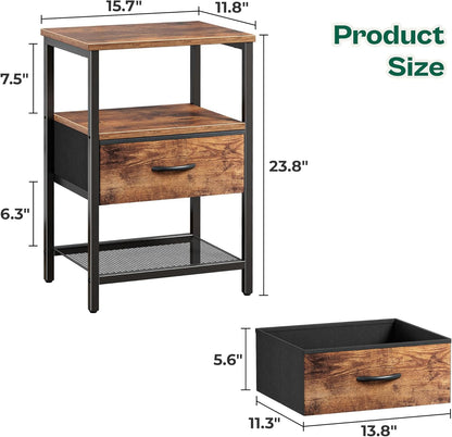 Set of 2 Nightstands with Fabric Drawers and Open Shelves, Rustic Brown Metal Frame Side Tables for Bedroom Storage