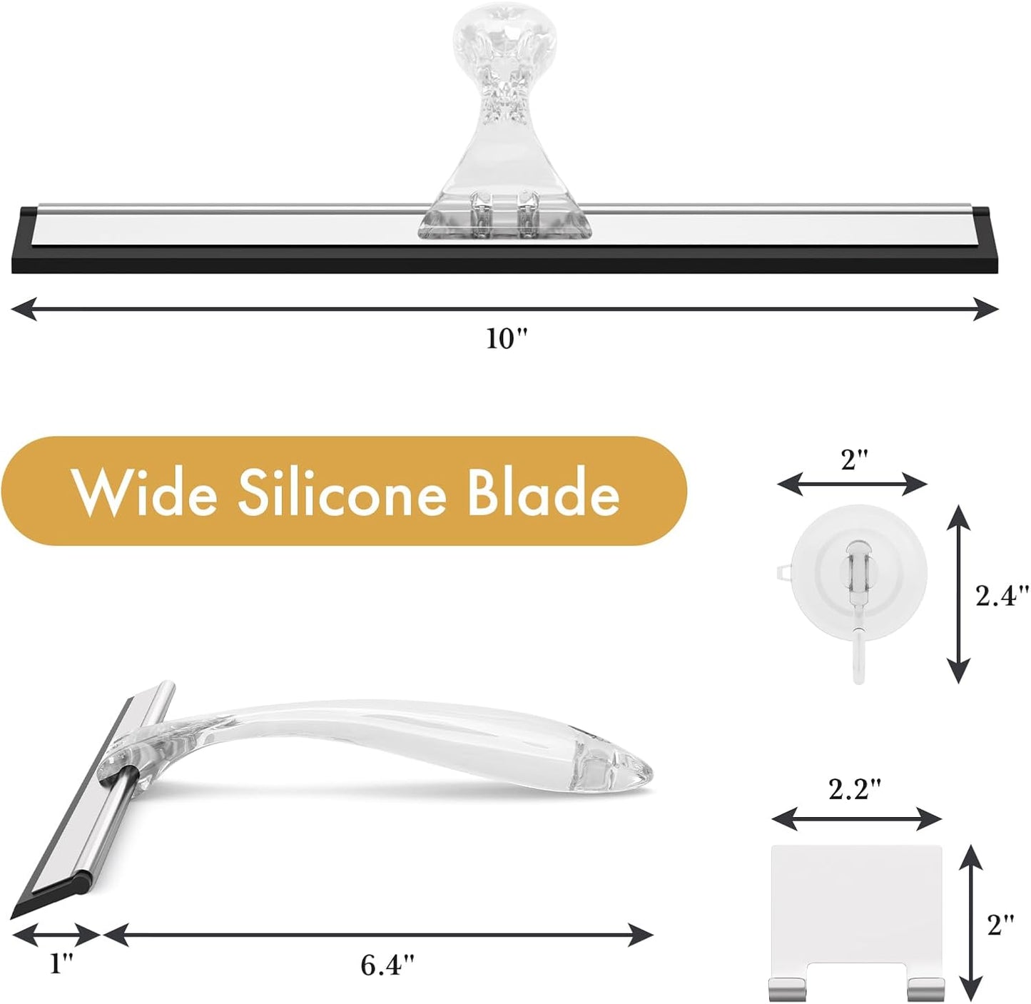 Shower Squeegee for Glass Doors, All-Purpose Squeegee with Suction Hook & Adhesive Hook, Clear Squeegee for Shower Glass, Windows, Mirrors, Tiles and Car Windows - 10 Inches, Clear