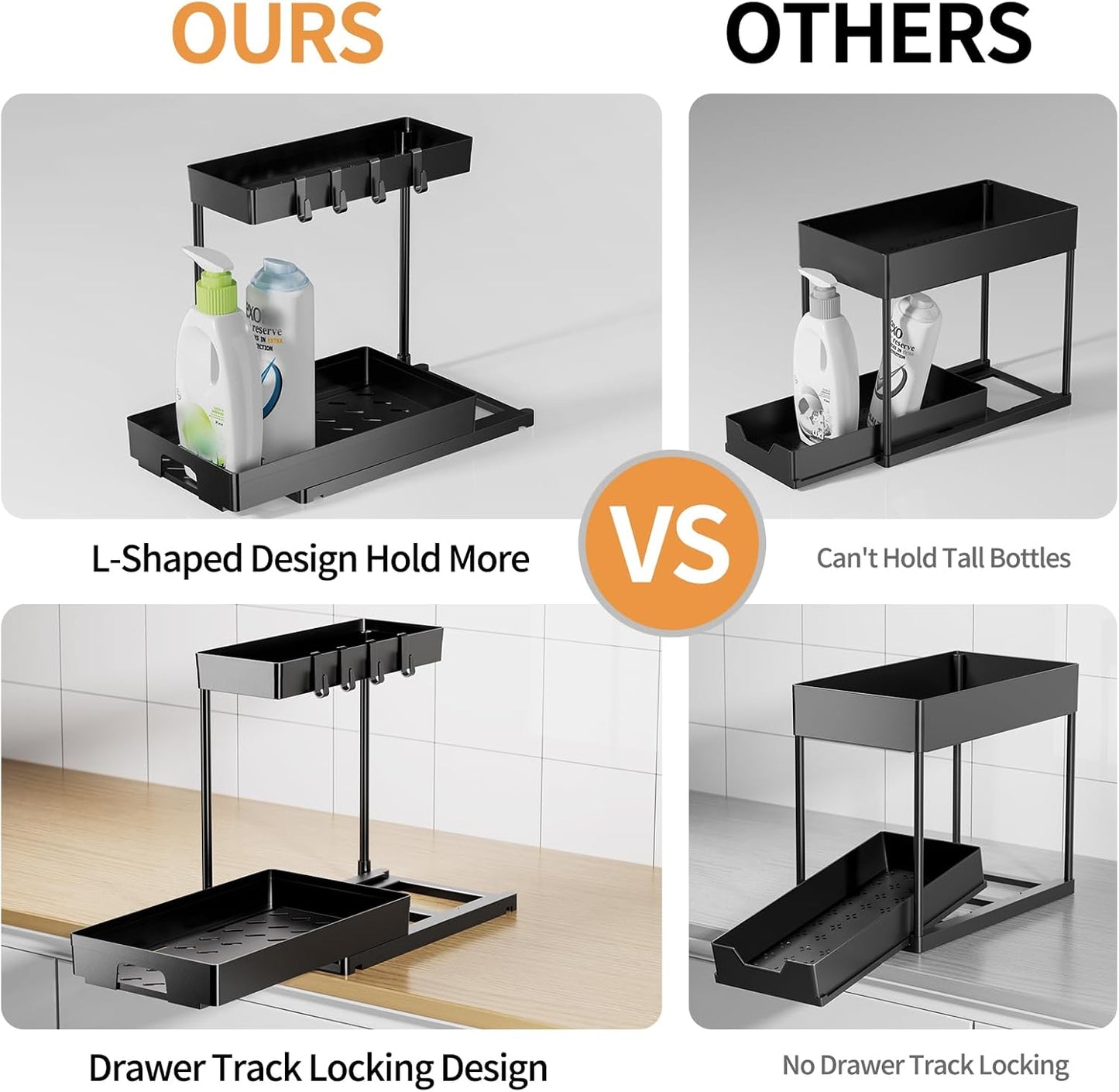 2 Pack under Sink Organizers and Storage, 2 Tier Pull Out Bathroom Cabinet Organizer, L-Shape Black under Bathroom Kitchen Sink Organizer with Drawer for under Sink Storage Organizer