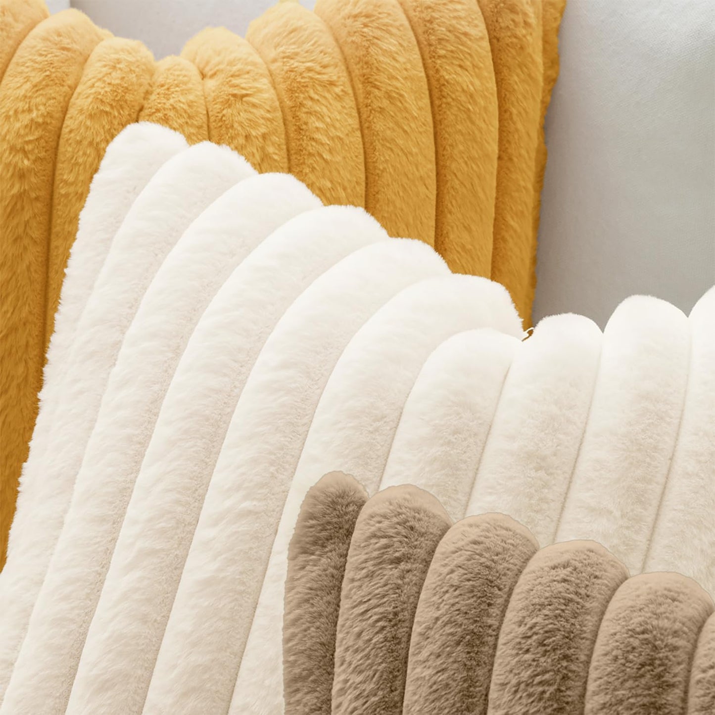 Faux Fur Decorative Throw Pillow Covers, 18x18 Inch Set of 2, Modern Plush Couch Cushions for Spring Home Décor in Beige