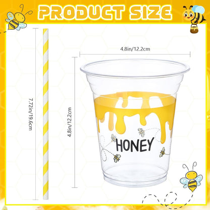 100-Pack 12 Oz Honey Bee Plastic Disposable Cups with Lids and Straws for Juice, Water, and Coffee - Ideal for Summer and Sports Parties