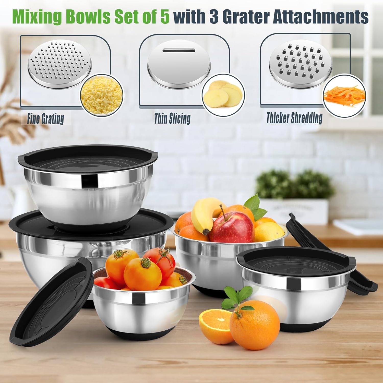 Mixing Bowl with Lid Set, 5 Piece Stainless Steel Mixing Nesting Bowls for Salad Storage, 3 Grater Attachments & Non-Slip Bottoms, Size 1/1.5/2 / 2.6/4.6 QT, Black