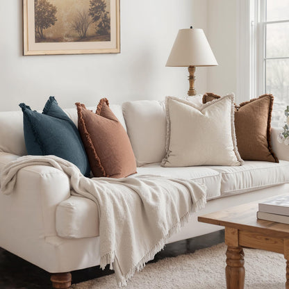 Set of 4 Neutral Linen Fringe Decorative Couch Pillow Covers - Modern Rustic Boho Farmhouse Cushions for Living Room and Bedroom Decor, 18x18 Inches, Beige/Brown/Blue