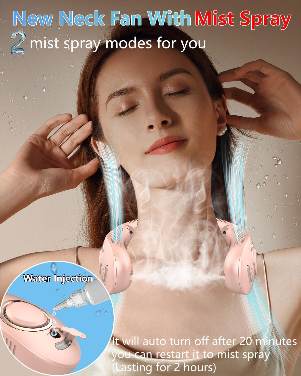 Misting Neck Fan,Collapsible Neck Fans Portable Rechargeable Battery,Cordless Leafless Headphone Wear Hands Free Devices,Cold Small Light Weight Noiseless Breeze around the Neck Cooler Tool Spray Pink