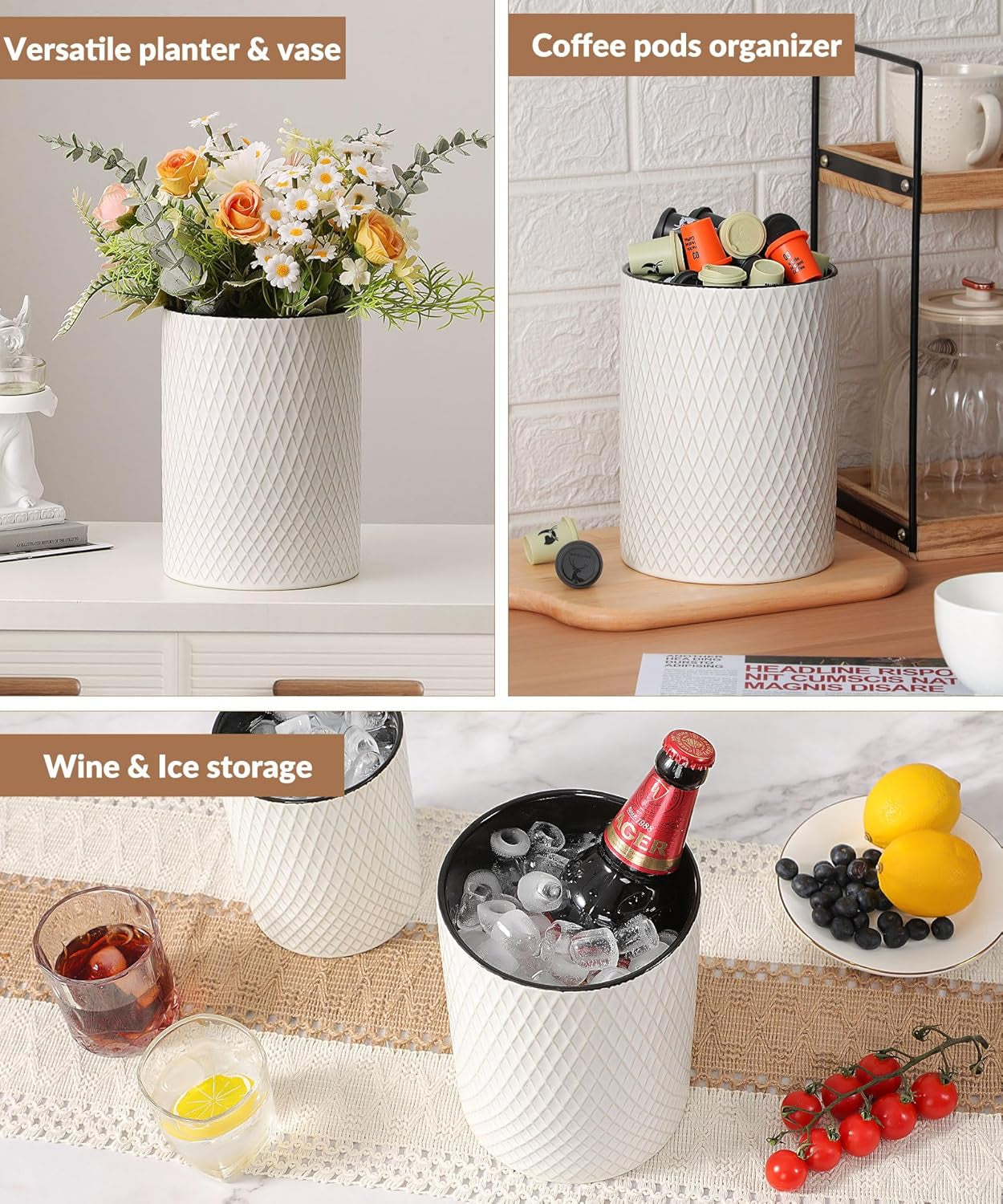 Utensil Holder 7.5+6In, Extra Large Stable Ceramic Embossed Dishwasher Safe Kitchen Utensils Holder, Ideal for Counter, Cooking Spatula Crock Organizer, Set of 2 (White Diamond Check)