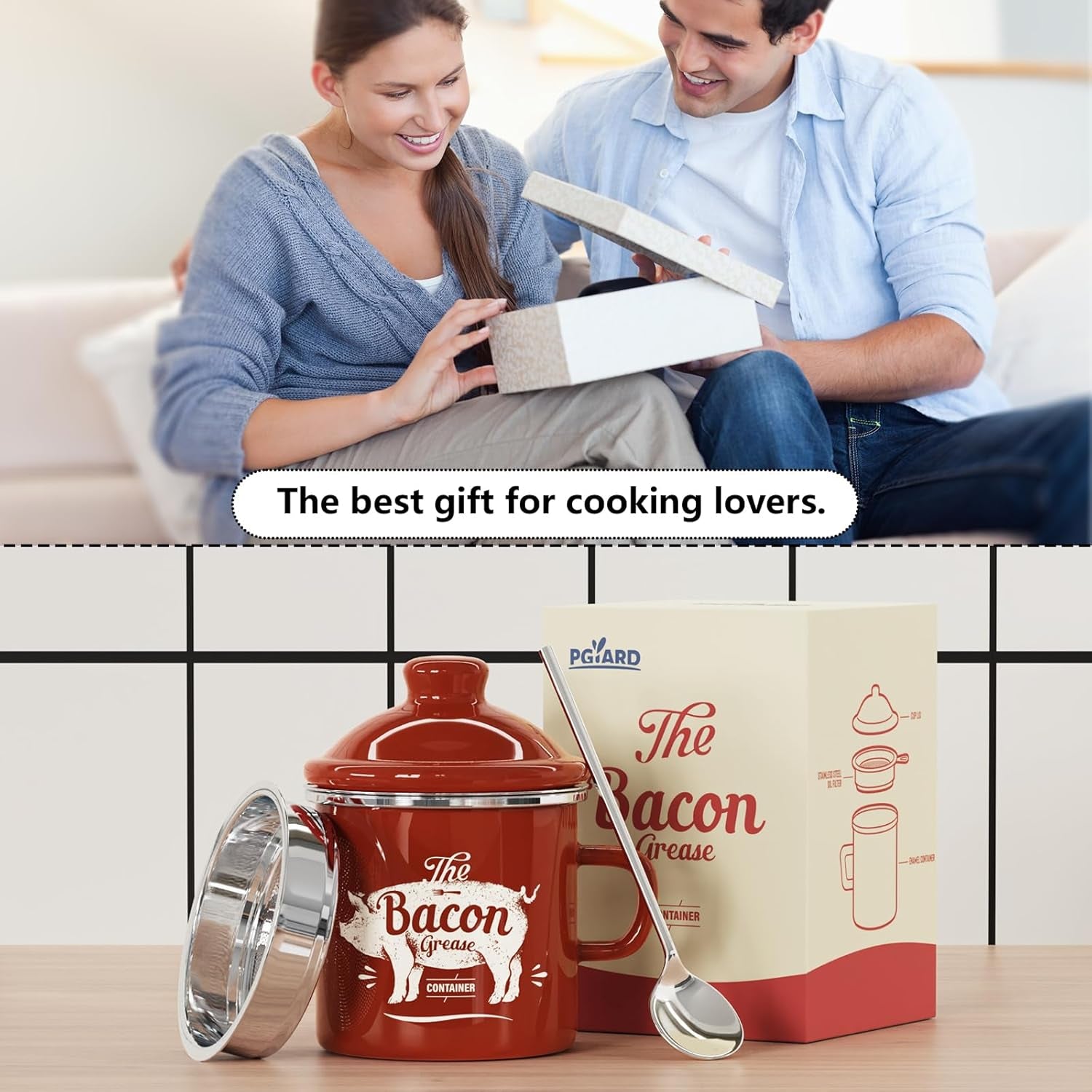 Mini Bacon Grease Container with Strainer - 15OZ Enamel Grease Saver, Farmhouse Bacon Grease Keeper for Kitchen Fat Storage, Dishwasher Safe-Red