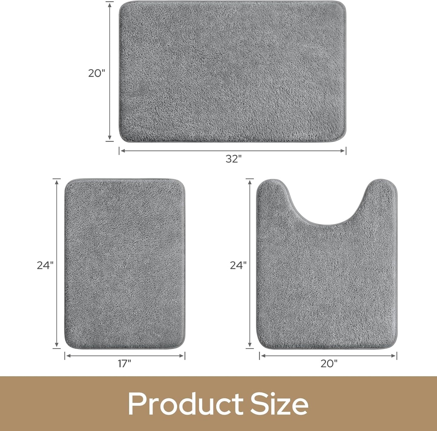 Upgraded Bathroom Rugs Sets 3 Piece, Extra Thick Absorbent Soft Memory Foam, Washable Toilet Bath Mat (Grey,17"X24"+20"X32"+U Shape 20"X24")