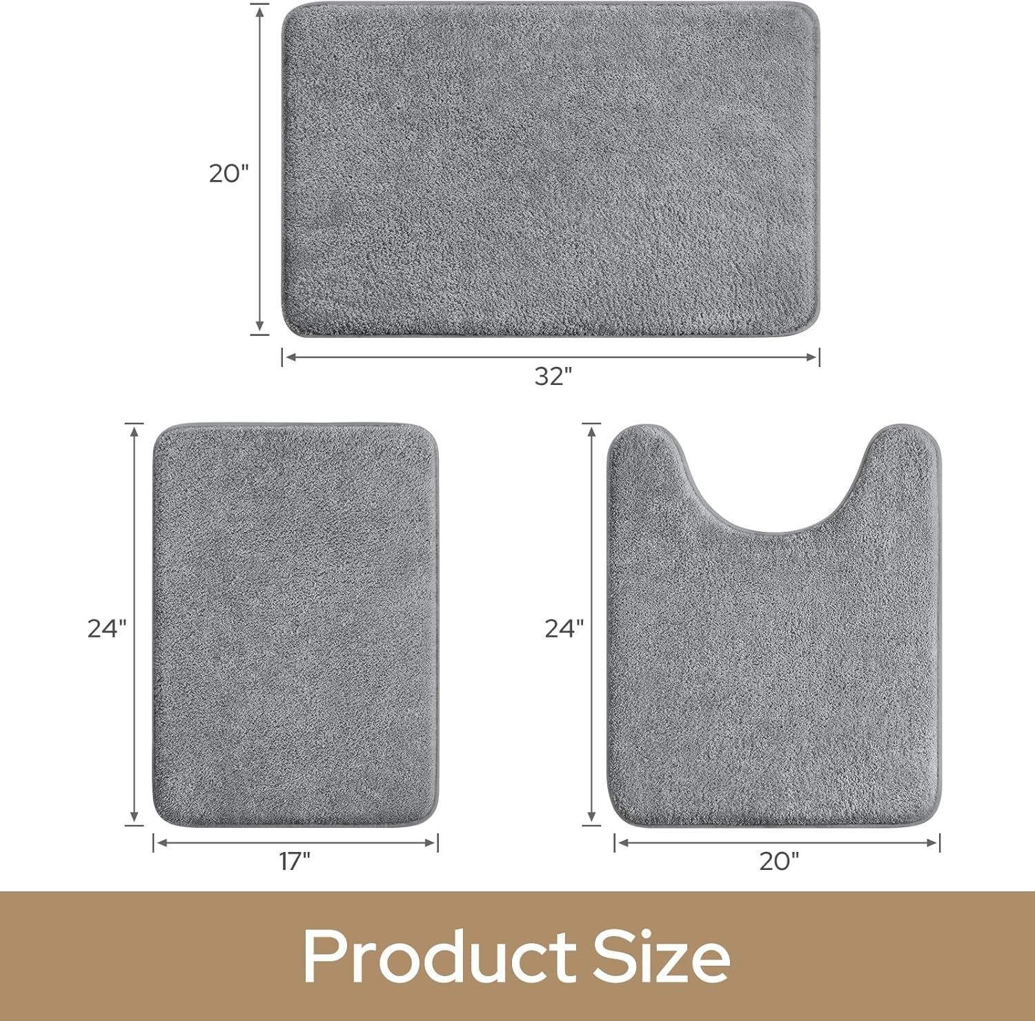 Upgraded Bathroom Rugs Sets 3 Piece, Extra Thick Absorbent Soft Memory Foam, Washable Toilet Bath Mat (Grey,17"X24"+20"X32"+U Shape 20"X24")