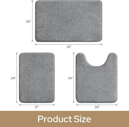 Upgraded Bathroom Rugs Sets 3 Piece, Extra Thick Absorbent Soft Memory Foam, Washable Toilet Bath Mat (Grey,17"X24"+20"X32"+U Shape 20"X24")