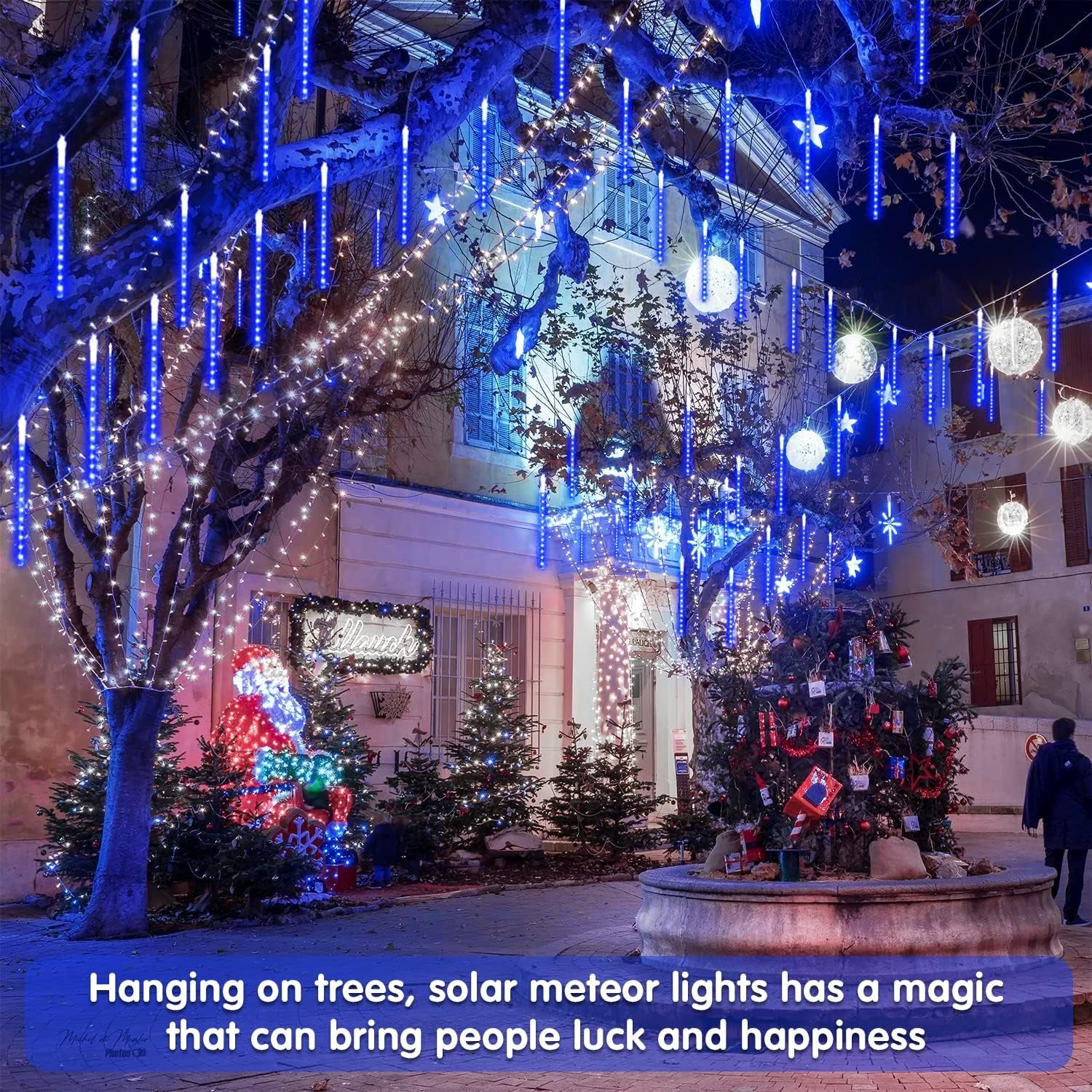 Solar Christmas Lights Outdoor, 8 Tube 144 Leds Solar Meteor Shower Lights Outdoor, Hanging Christmas Light for Gazebo Tree Icicle Garden Yard Party Patio Xmas Decor (Blue)
