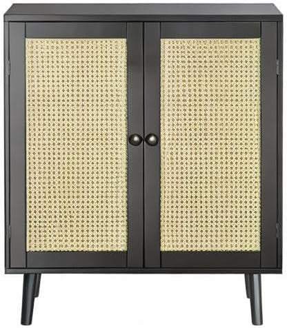 Buffet Cabinet with Storage and Synthetic Rattan Decor Doors, Solid Wood Legs, Ideal for Hallway, Entryway, or Living Room, Black Finish