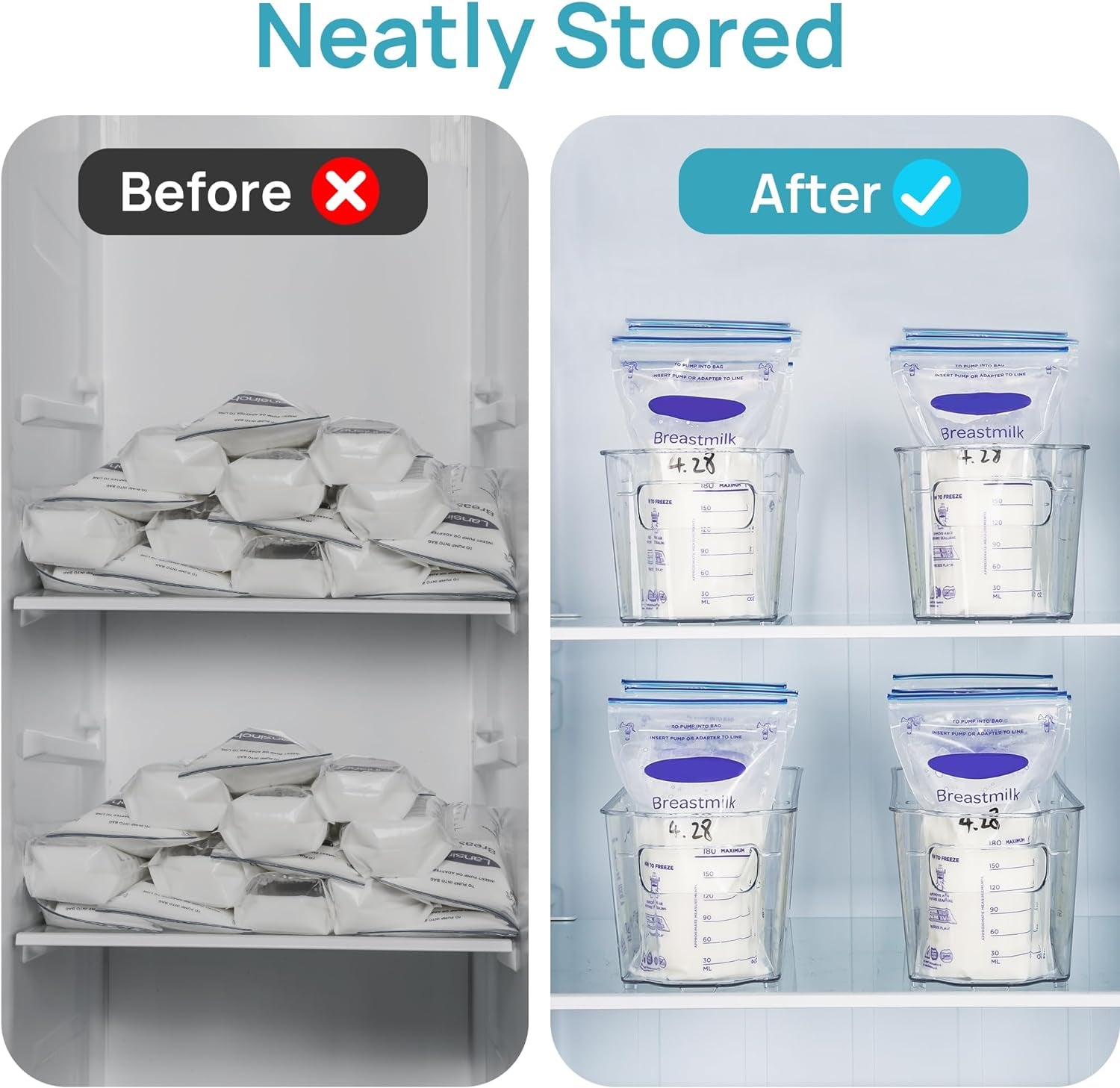 Breastmilk Storage Container 4PCS Set, Clear Freezer and Fridge Organizer Bins, Plastic Storage Bins for Breast Milk, Baby Pouches, Formula, Bottles and Yogurts, 4.3’’ Width, 14.7" Long
