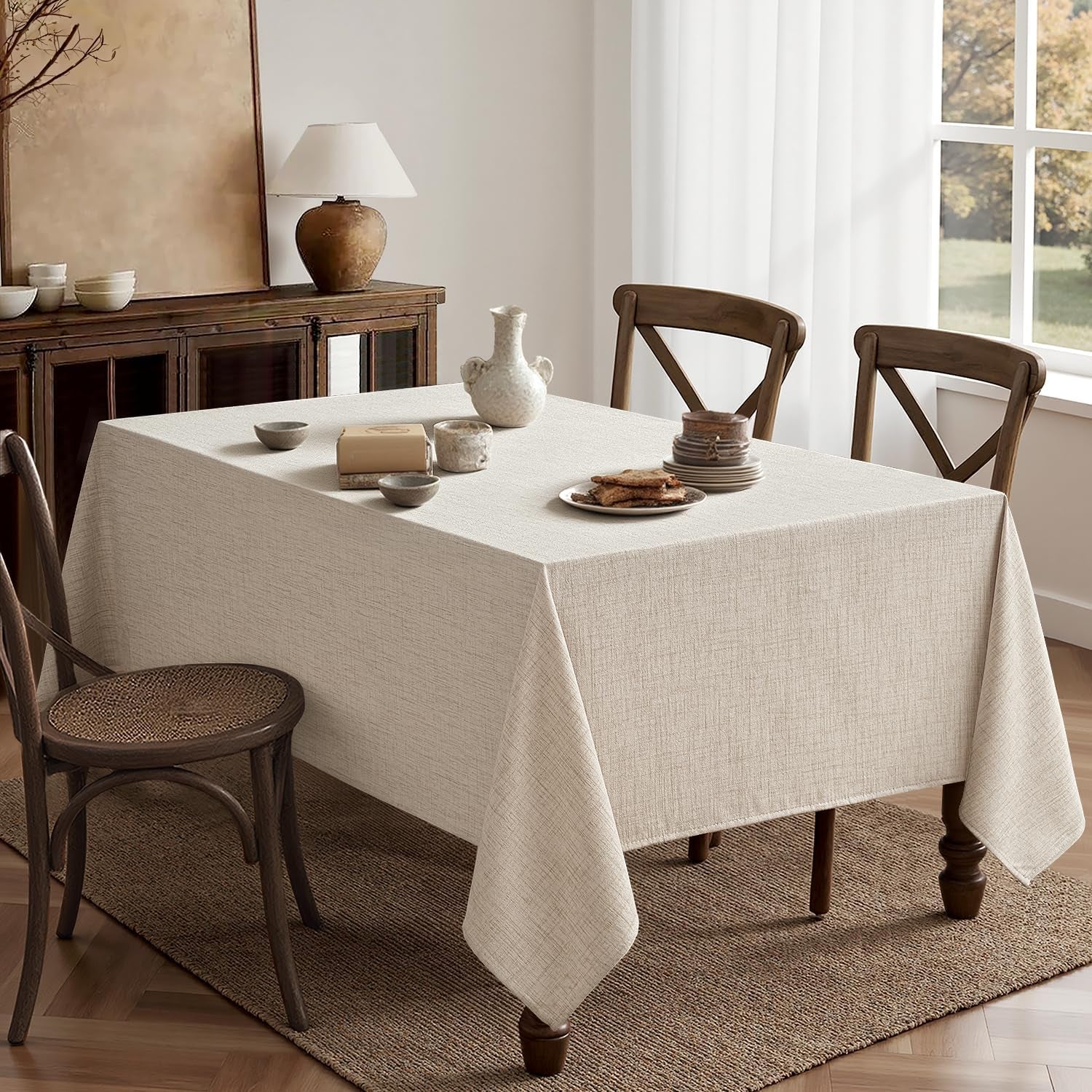 Grayish White Linen Tablecloth 60X84 Inch Rectangle Table Cloth Waterproof,Stain Resistant & Wrinkle Resistant for Dining Party Wedding