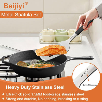 Stainless Steel Spatulas Set, Solid and Slotted Metal Turner Spatula for Cooking Cast Iron Skillet, Kitchen and Griddle Spatula with Full Tang Silicone Handle for Smash Burger, Pancake, Egg