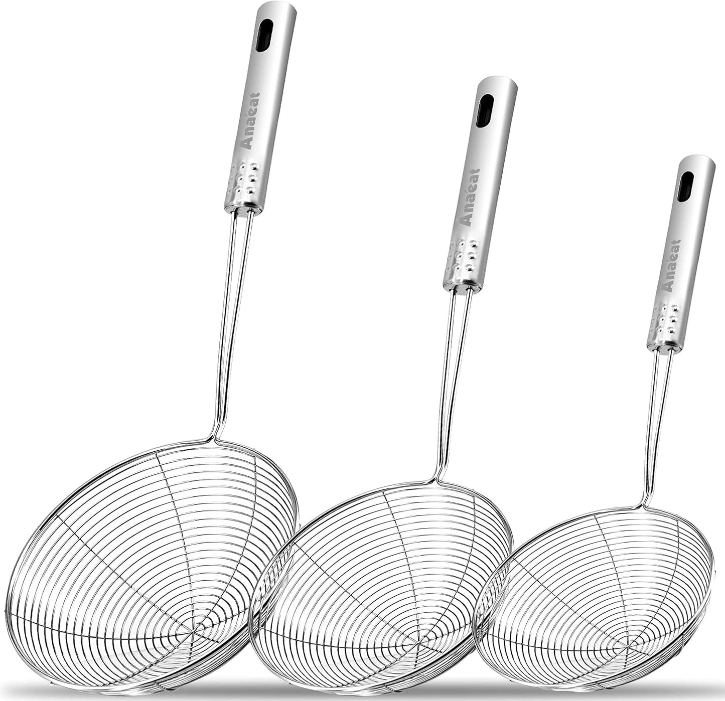 Stainless Steel Spider Skimmer, Set of 3 Professional Kitchen Pasta Strainer Spoon with Long Handle - Asian Strainer Ladle Wire Skimmer Spoons for Cooking and Frying (4.5"+5.3"+6.1")