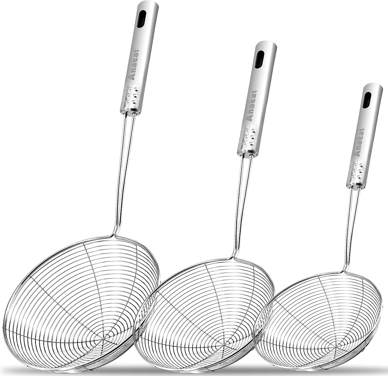 Stainless Steel Spider Skimmer, Set of 3 Professional Kitchen Pasta Strainer Spoon with Long Handle - Asian Strainer Ladle Wire Skimmer Spoons for Cooking and Frying (4.5"+5.3"+6.1")