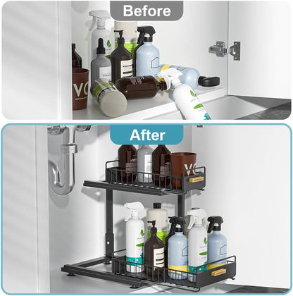 Under Sink Organizer, Pull Out Kitchen Cabinet Organizer, 2-Tier Metal under Sink Organizers and Storage Height-Adjustable, Kitchen Bathroom Organizers and Storage Shelves, Black