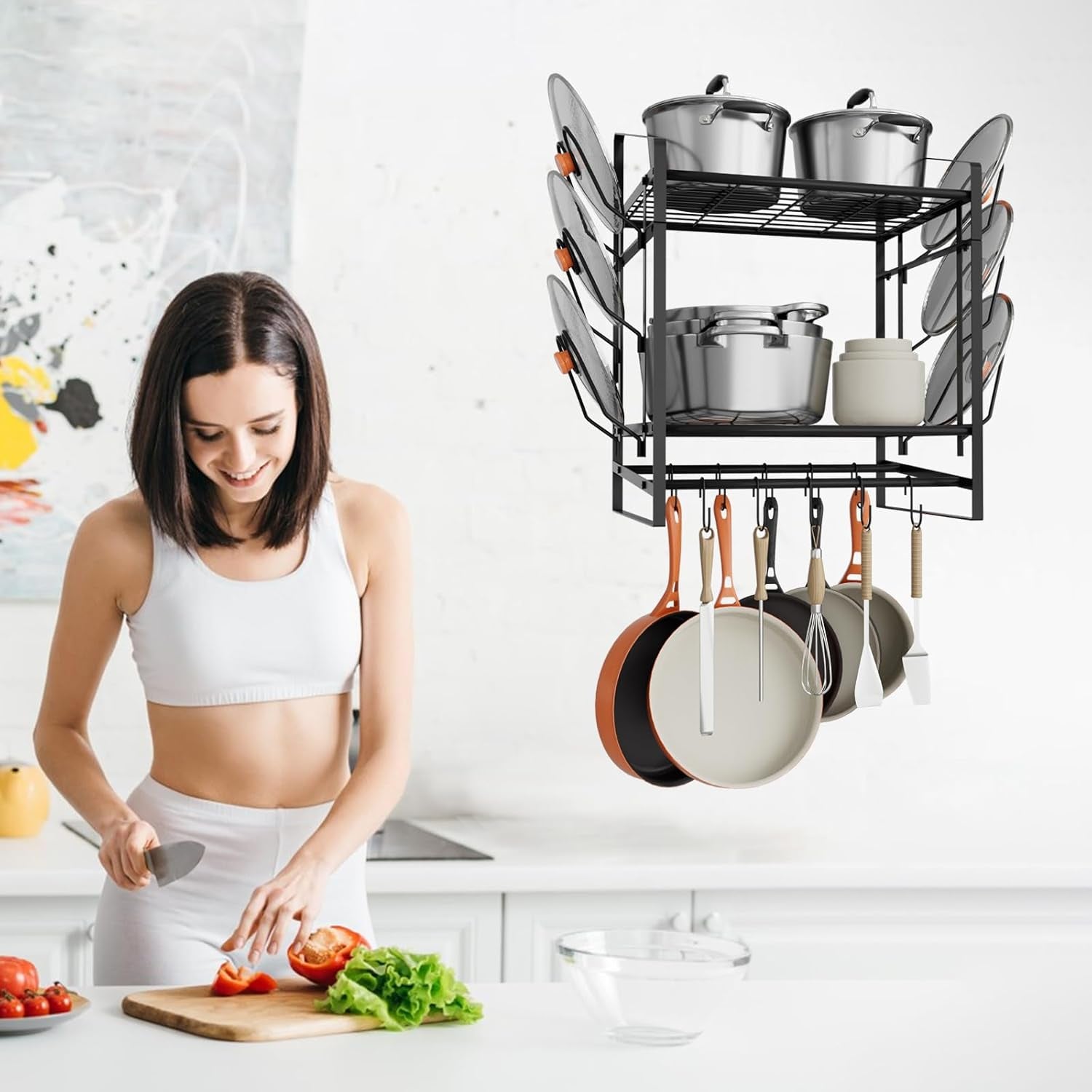 17 Inch Pot Rack Wall Mounted, 2 Tier Pots and Pans Organizer with 10 Hooks and 6 Pot Lid Holders, Heavy Duty Steel Pot and Pan Hanger for Kitchen Cookware Utensils Storage 24" Lx13 Wx20.5 H