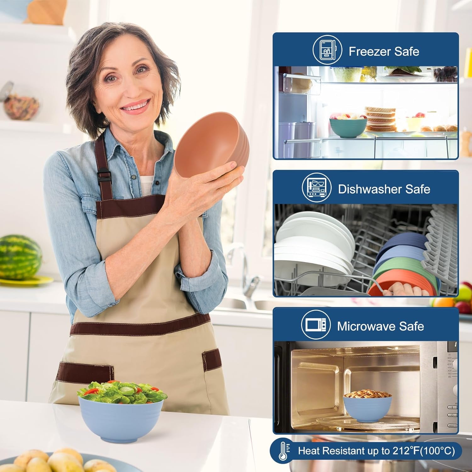 12-PACK BPA Free Unbreakable Plastic Cereal Bowls - Microwave & Dishwasher Safe Soup Salad Camping Bowls, 26OZ, Multicolor