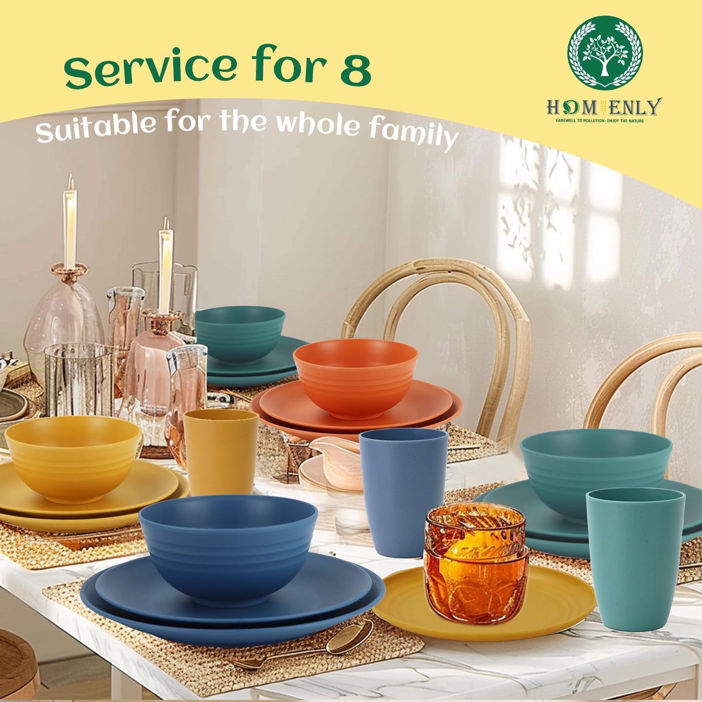 40-Piece Durable Plastic Wheat Straw Dinnerware Set - Multi-Color, Service for 8 with Plates, Bowls, Cups, and Appetizer Plates - Ideal for Outdoor Camping