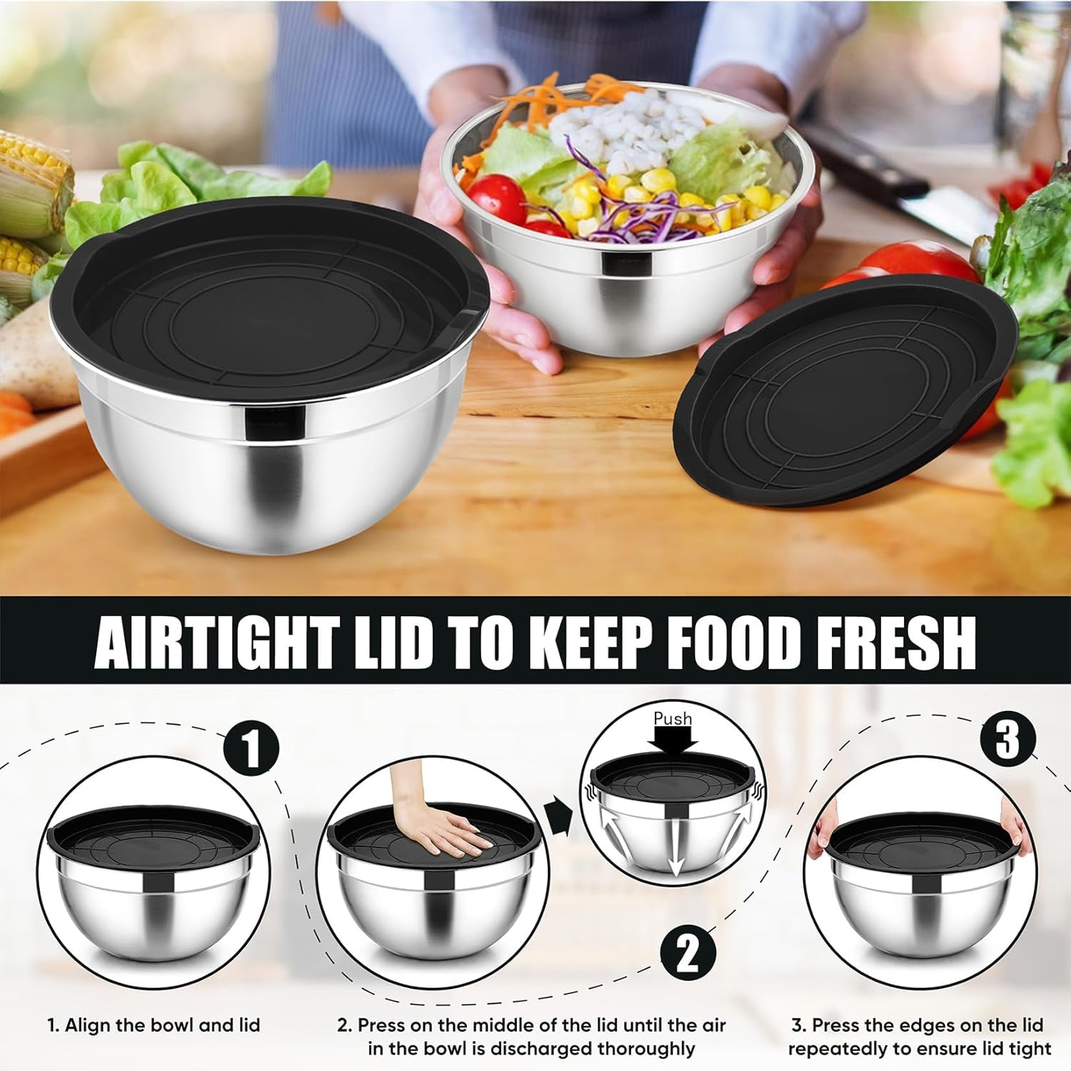 Mixing Bowl with Airtight Lid Set of 5, 10-Piece Stainless Steel Nesting Salad Bowl Set for Prepping, Mixing and Serving, Size 4.6, 3, 1.5, 1, 0.7 QT, Rimmed Edges & Flat Base, Black