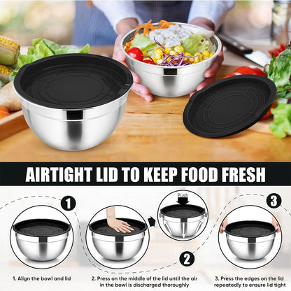 Mixing Bowl with Airtight Lid Set of 5, 10-Piece Stainless Steel Nesting Salad Bowl Set for Prepping, Mixing and Serving, Size 4.6, 3, 1.5, 1, 0.7 QT, Rimmed Edges & Flat Base, Black