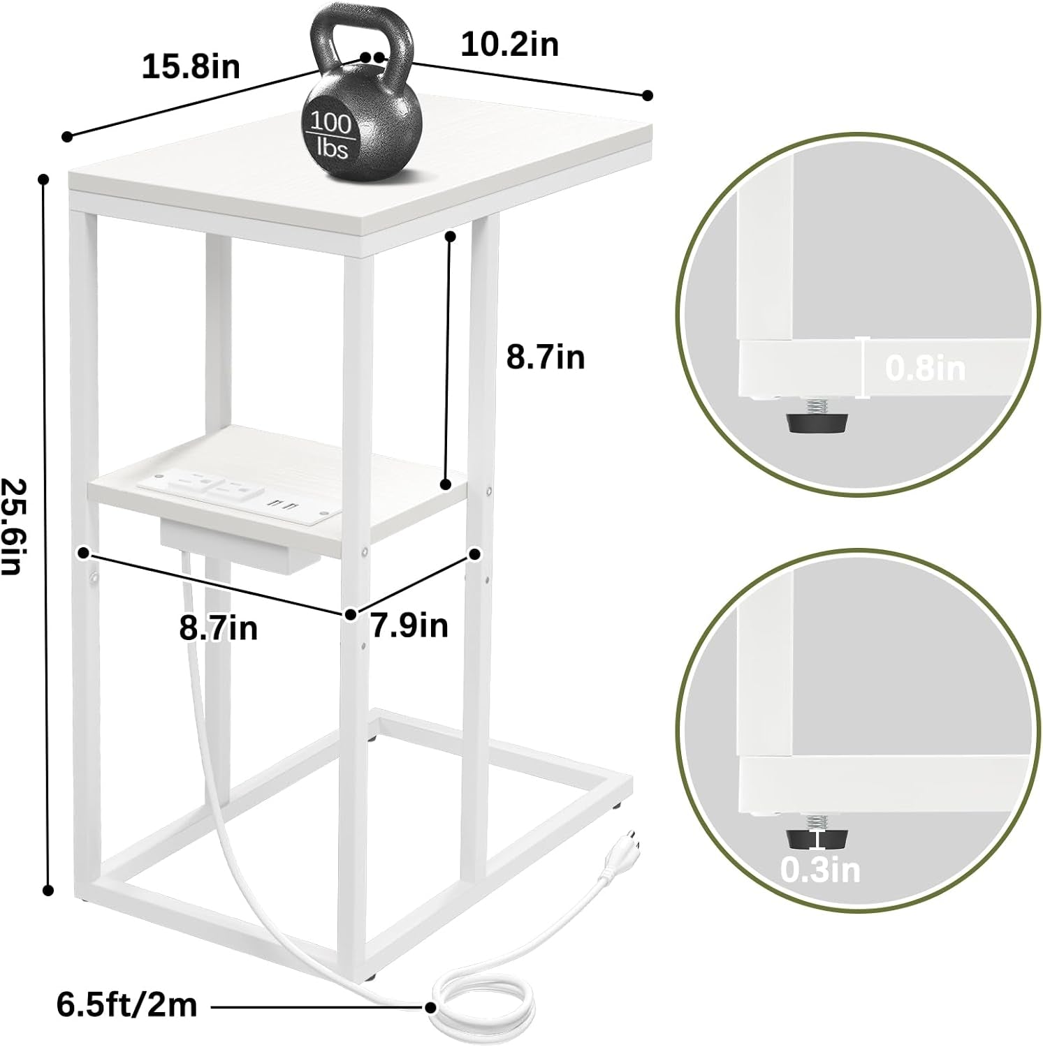 C Shaped End Table with Charging Station, Small Side Tables for Living Room Bedroom, Sofa Table with USB Ports and Outlets for Small Spaces, Rustic Bed Side Table